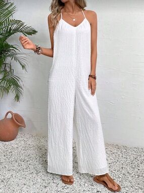 White Textured halter Wide-Leg Jumpsuit